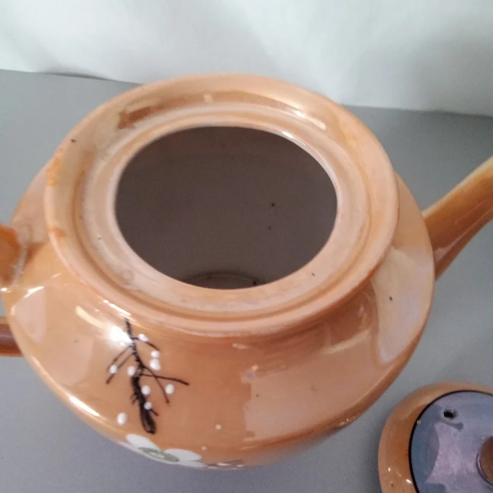 Vintage Lusterware Teapot Cherry Blossom Peach Lavender Made in Japan MCM Floral